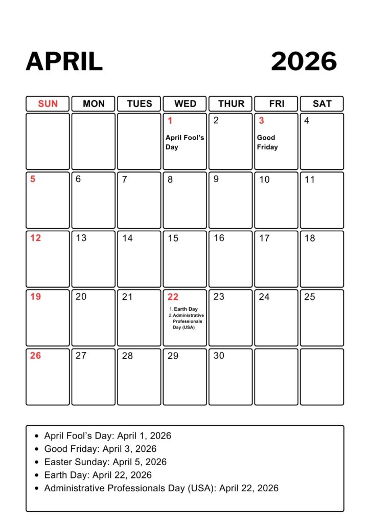 April A4 Calendar