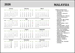 Malaysia Calendar 2026 with Public Holidays & Dates