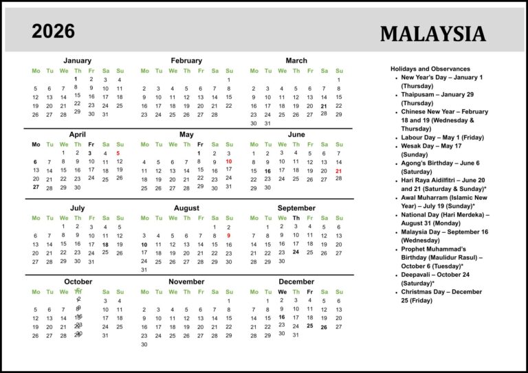 Malaysia Calendar 2026 with Public Holidays & Dates