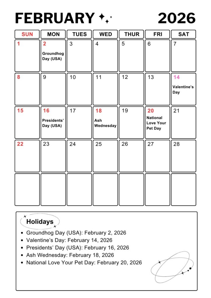 February A4 Calendar