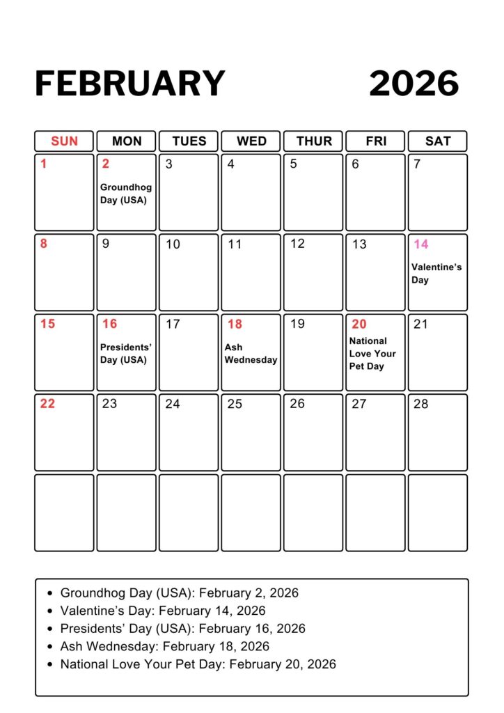 February A4 Calendar