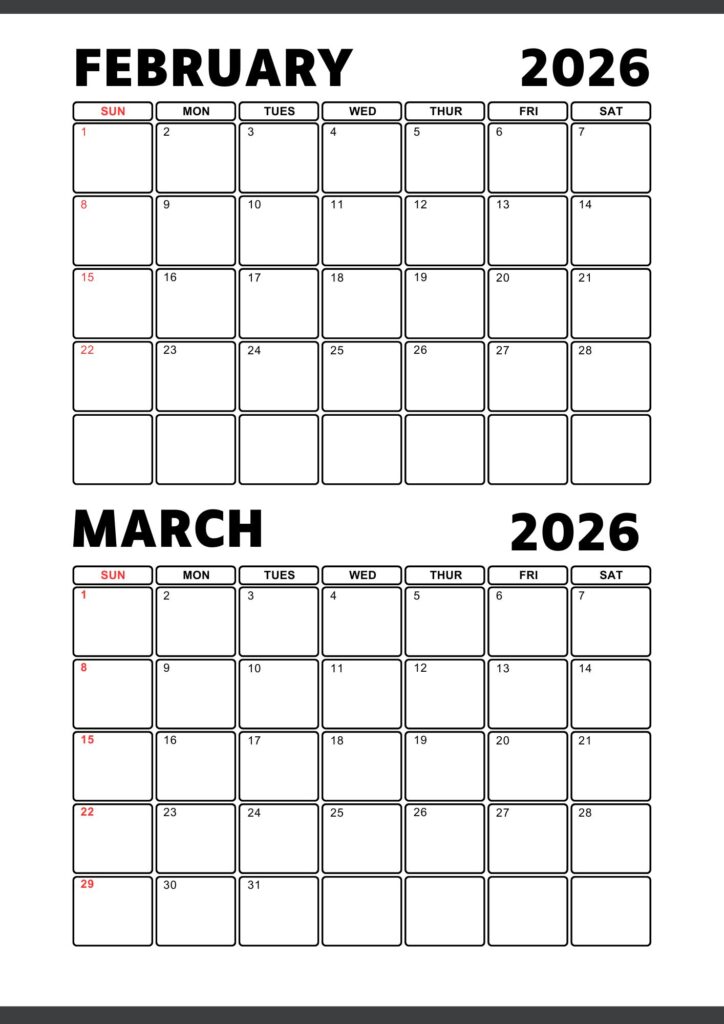 February March Calendar