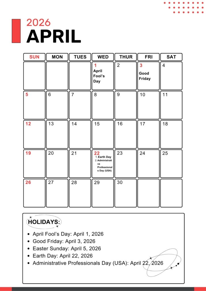 April A4 Calendar