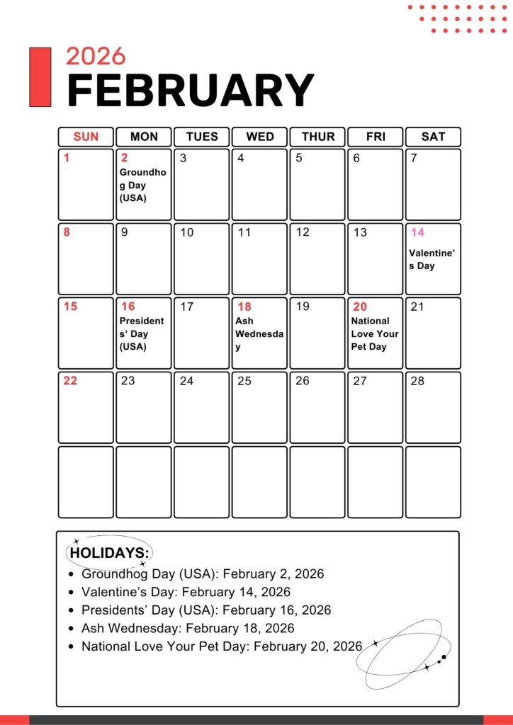 February A4 Calendar