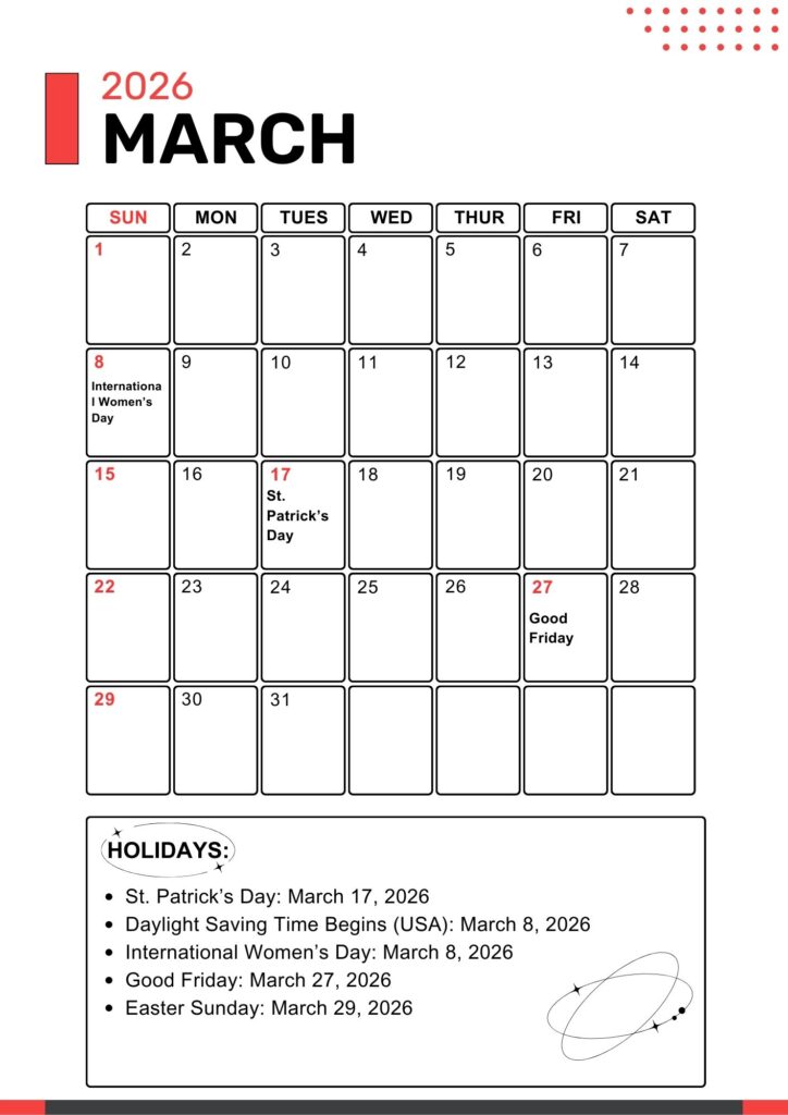 March A4 Calendar