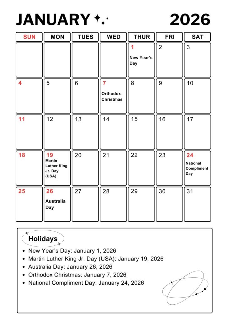 January A4 Calendar