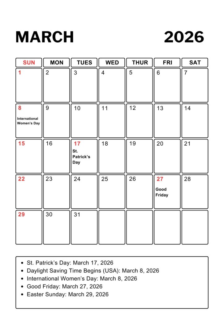 March A4 Calendar