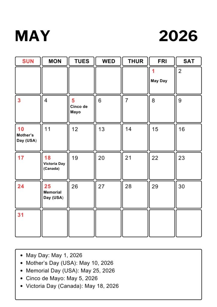 May A4 Calendar