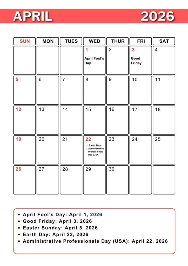 April A4 Calendar