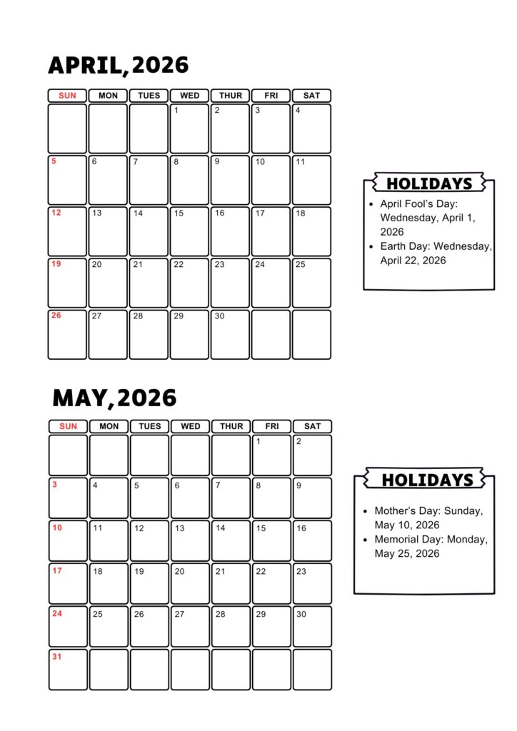 April May 2026 Calendar