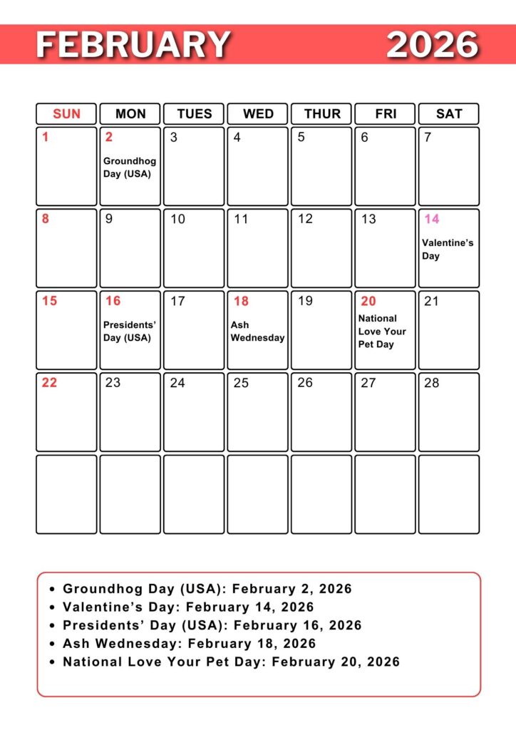 February A4 Calendar