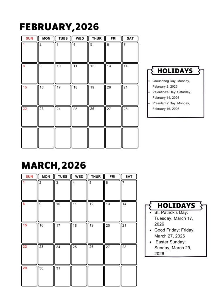 February March 2026 Calendar