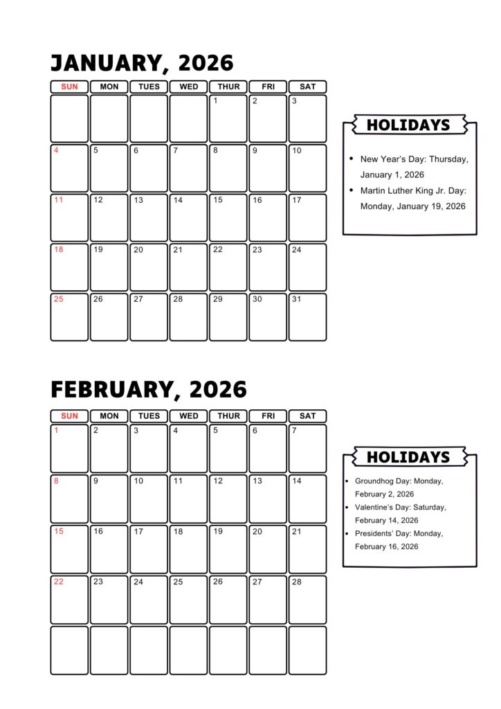 January February Calendar