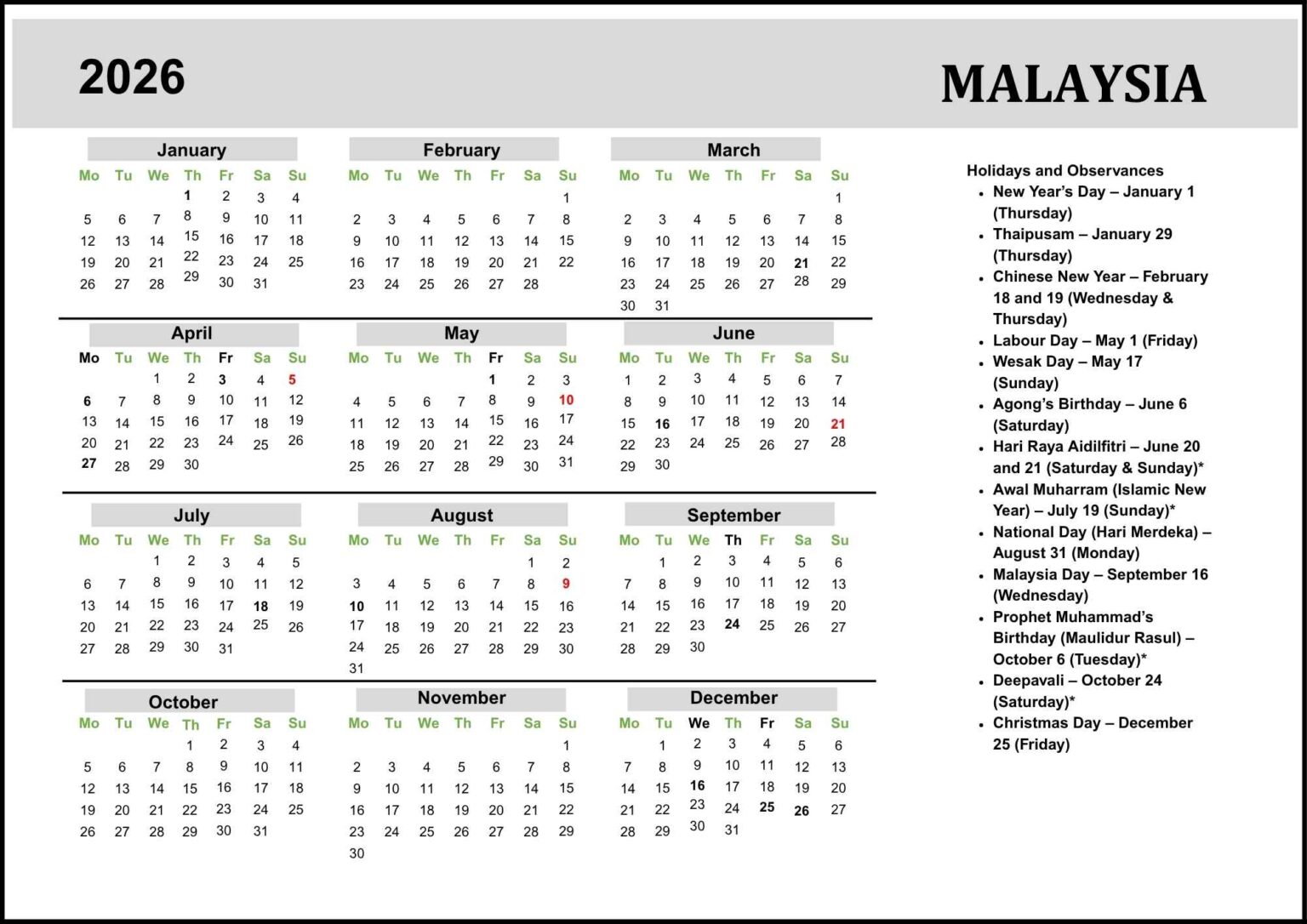 Malaysia Calendar 2026 with Public Holidays & Dates