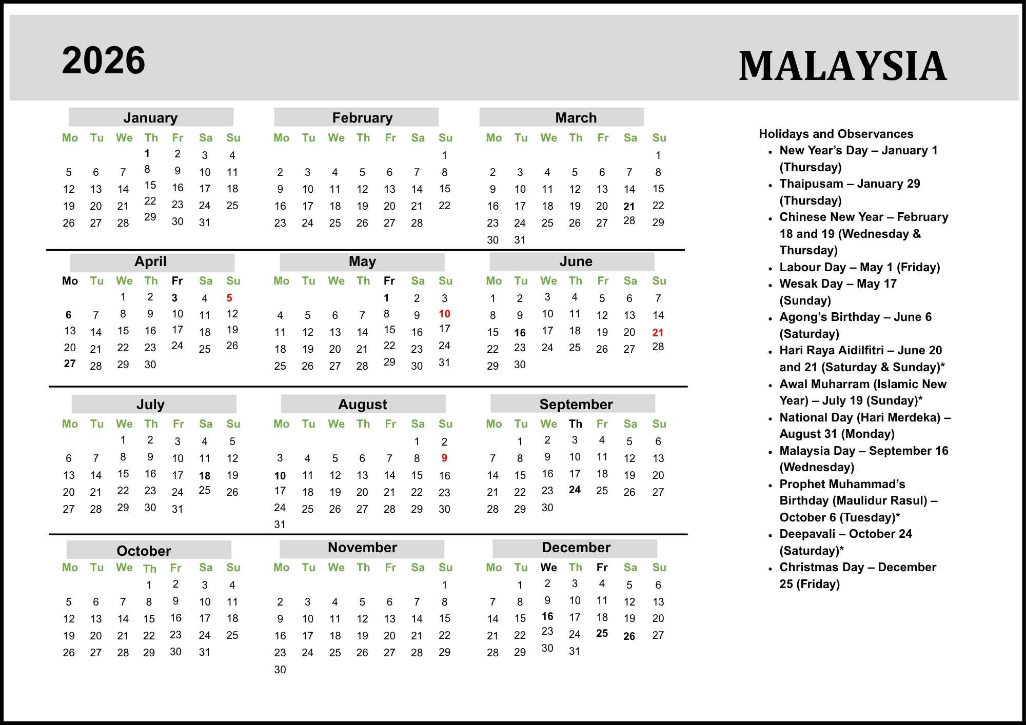 Malaysia Calendar 2026 with Public Holidays & Dates