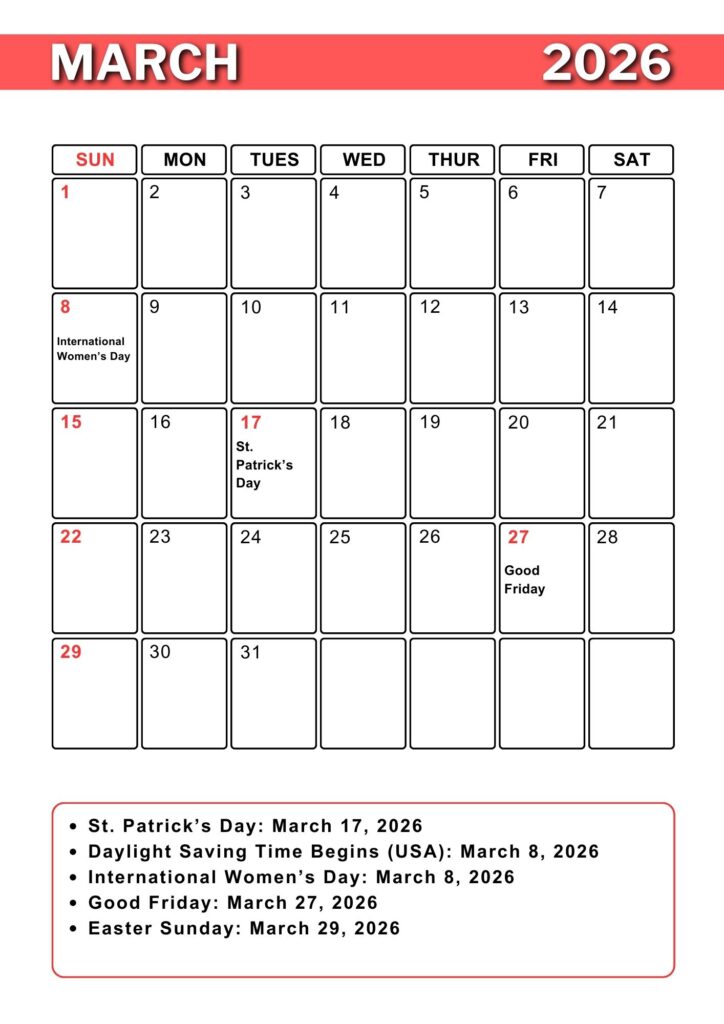 March A4 Calendar