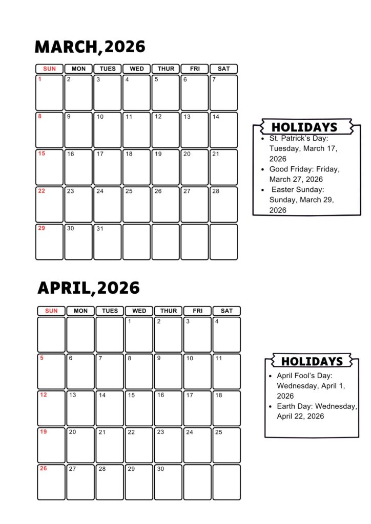 March April 2026 Calendar