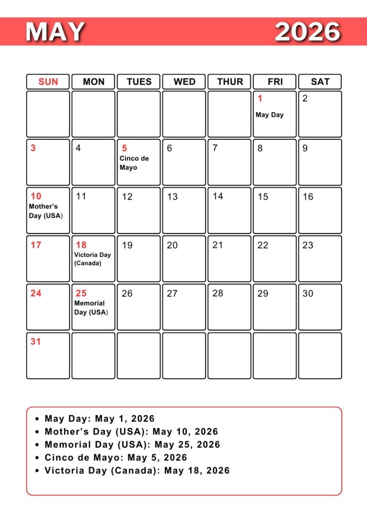 May A4 Calendar
