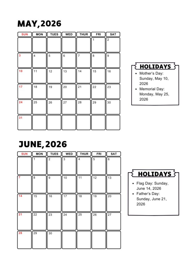May June 2026 Calendar