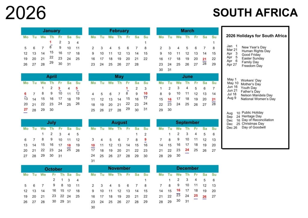 South Africa Calendar