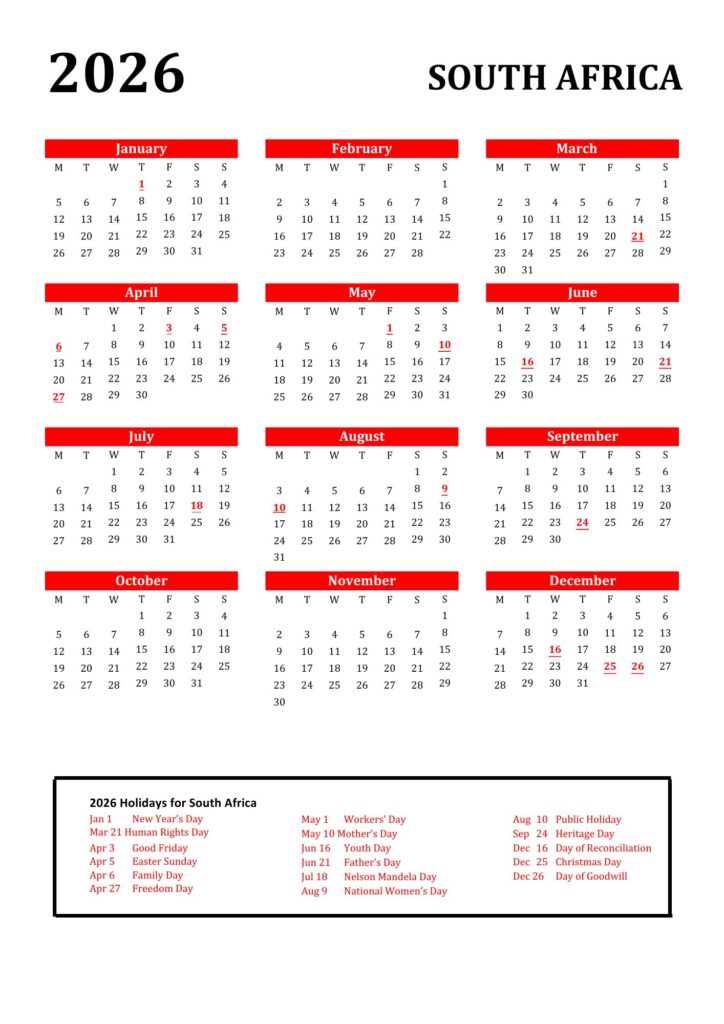 South Africa Calendar