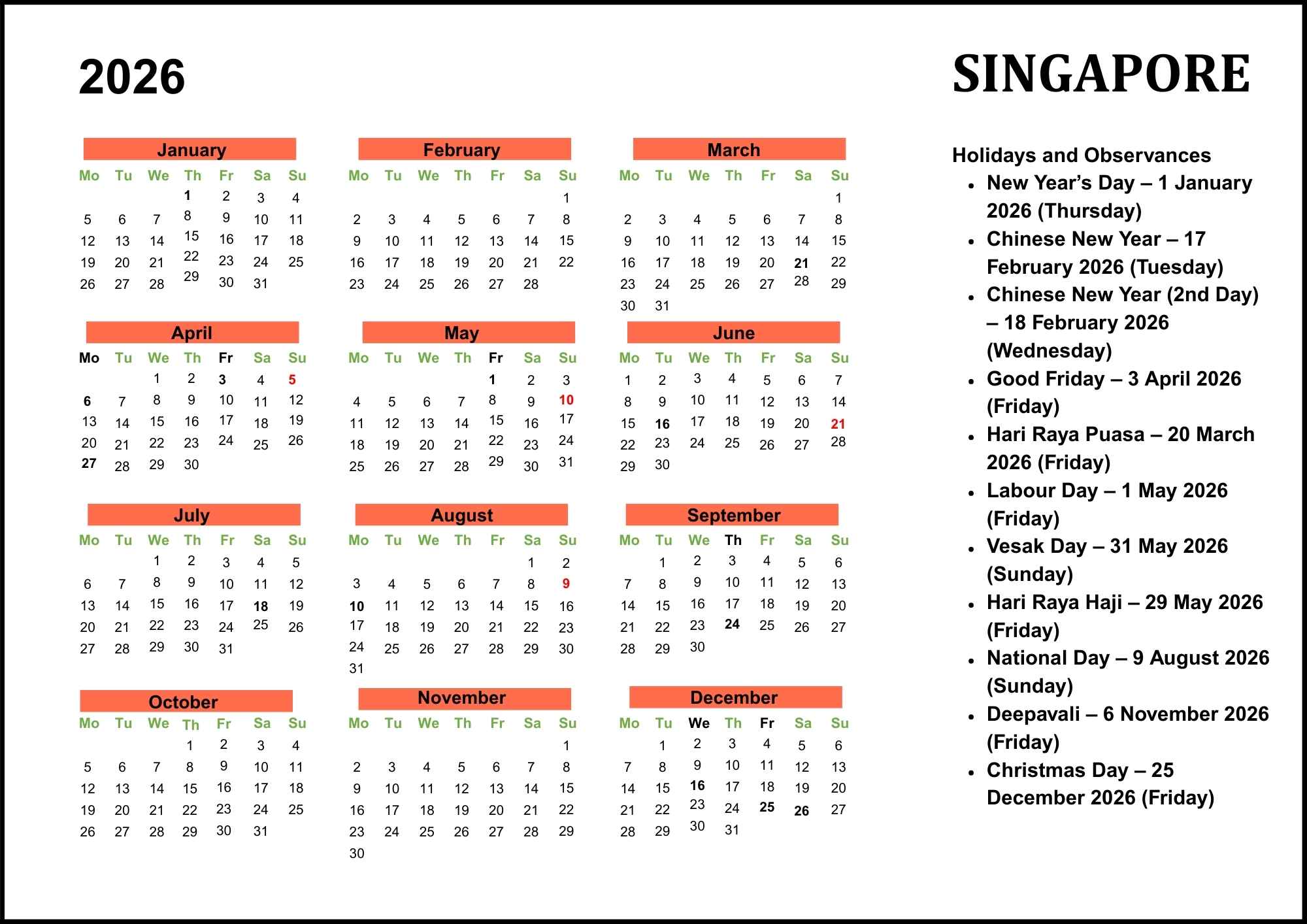 Singapore Calendar 2026 with Public Holidays & Dates