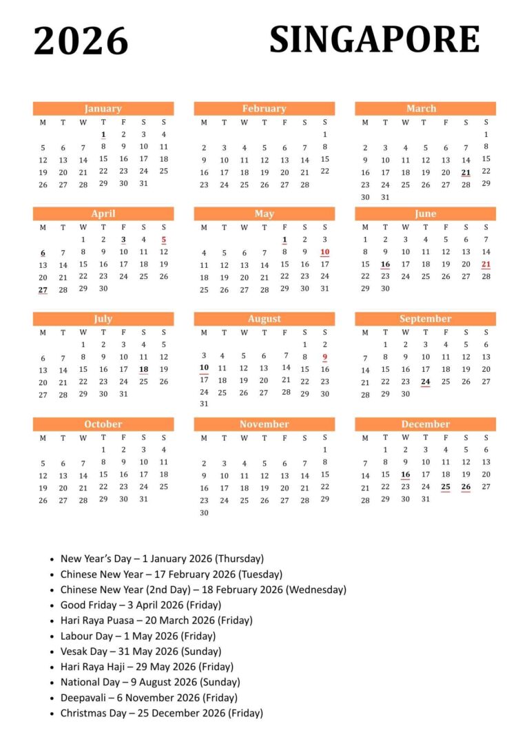 Singapore Calendar 2026 with Public Holidays & Dates