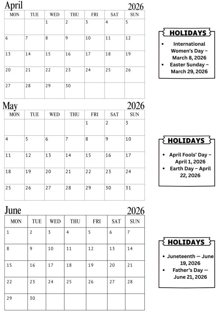 April May June Calendar