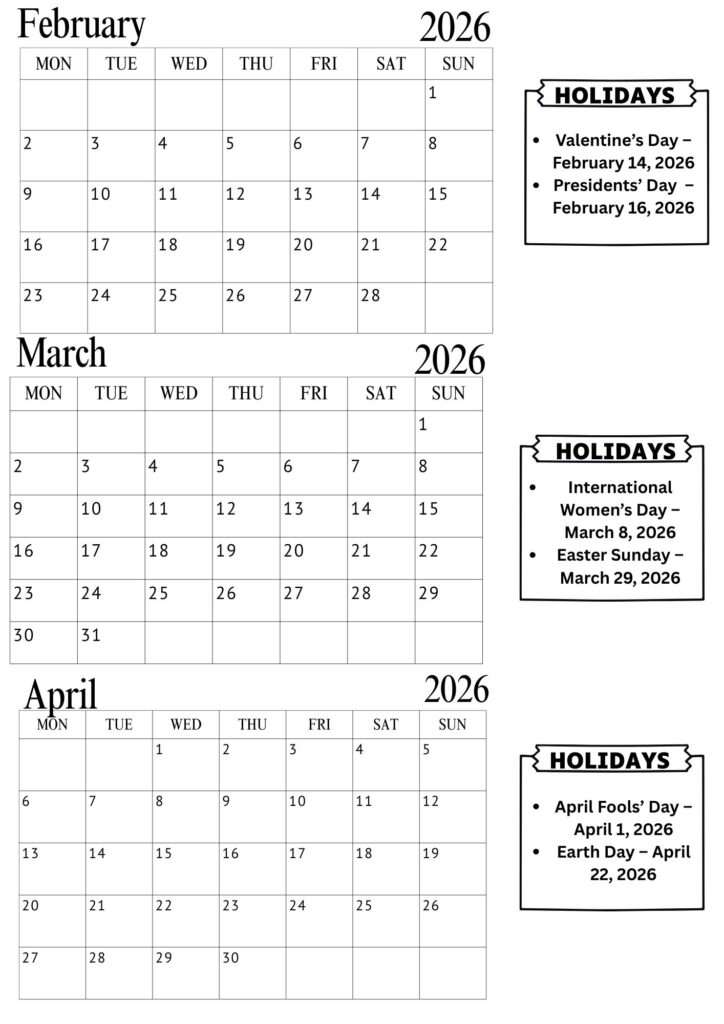 February March April Calendar