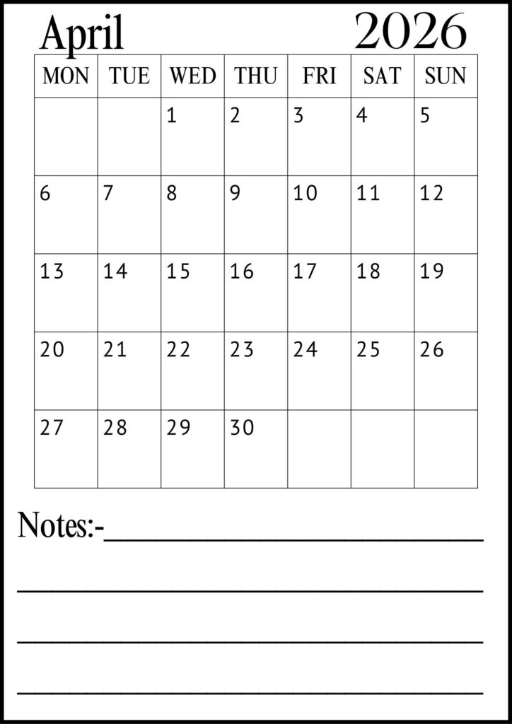 April Calendar with Notes