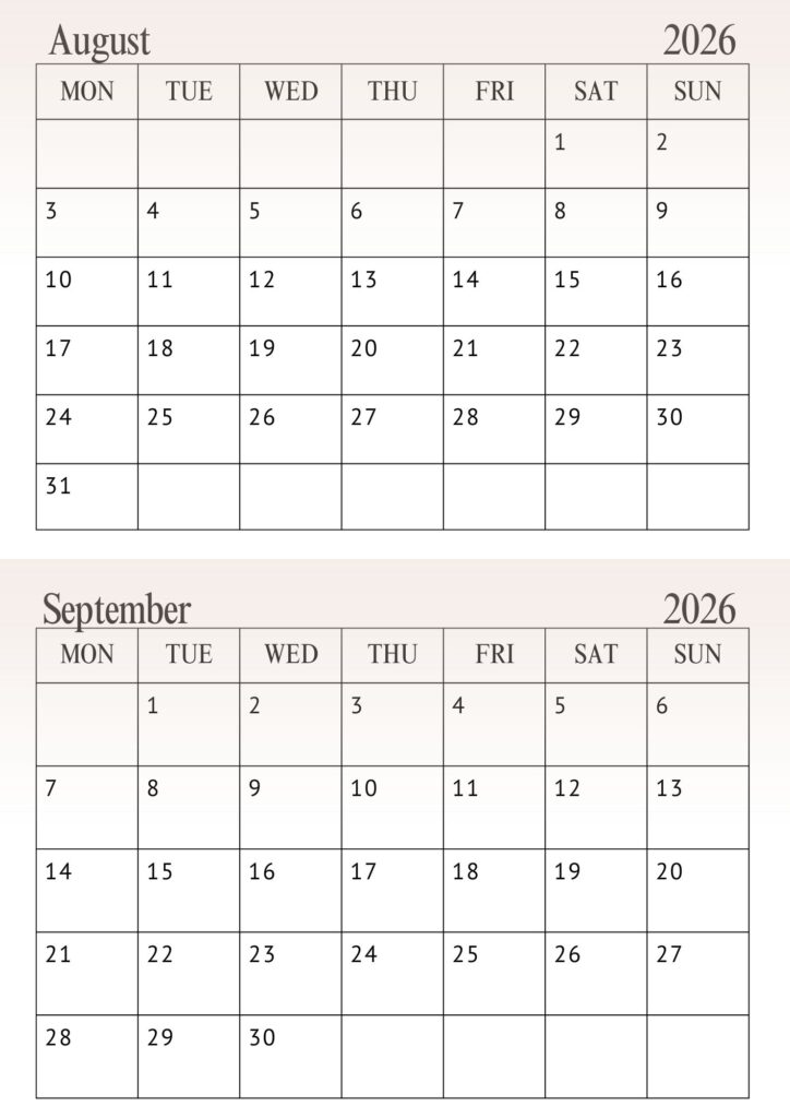 August September Calendar