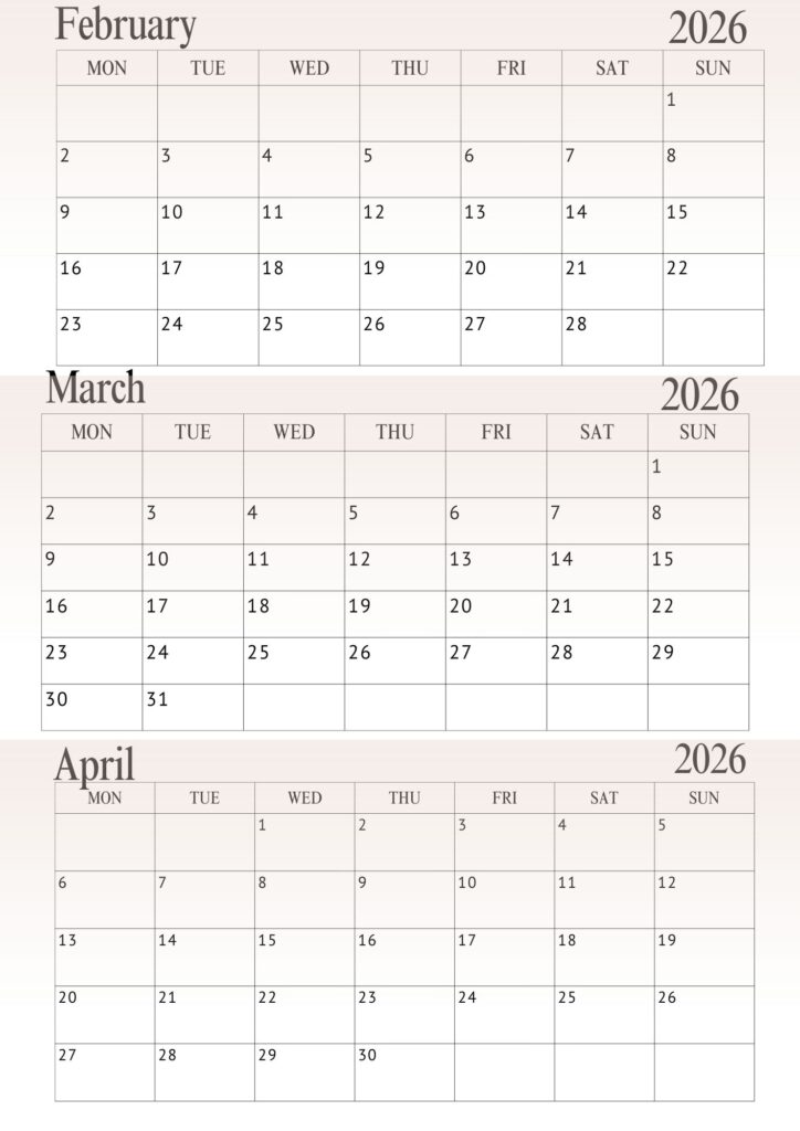 February March April Calendar