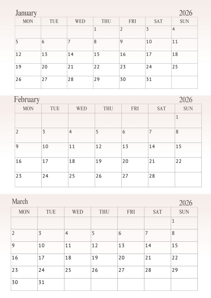 January February March Calendar