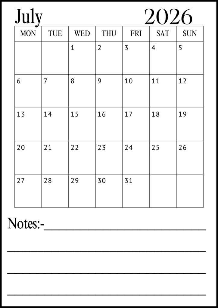 July A4 Calendar