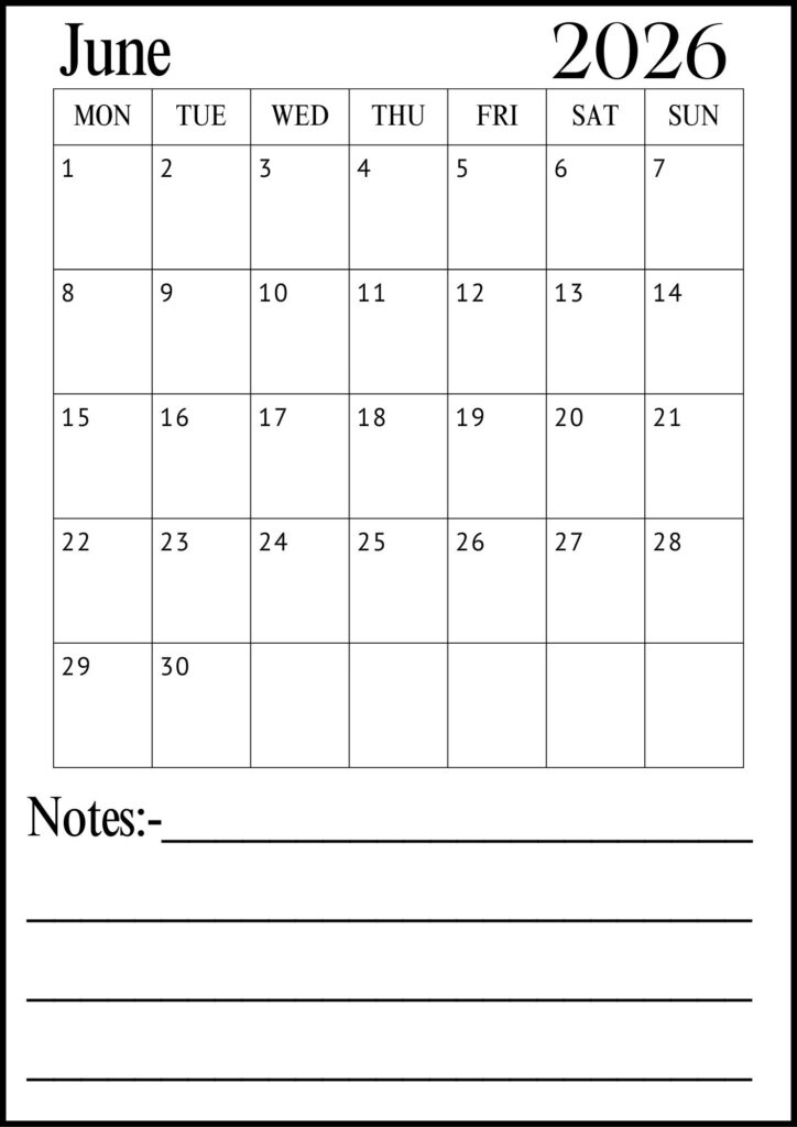 June A4 Calendar