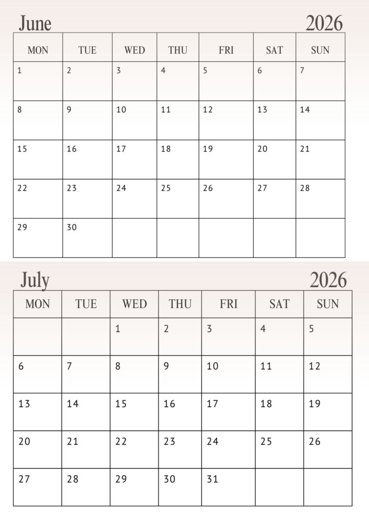 June July Calendar