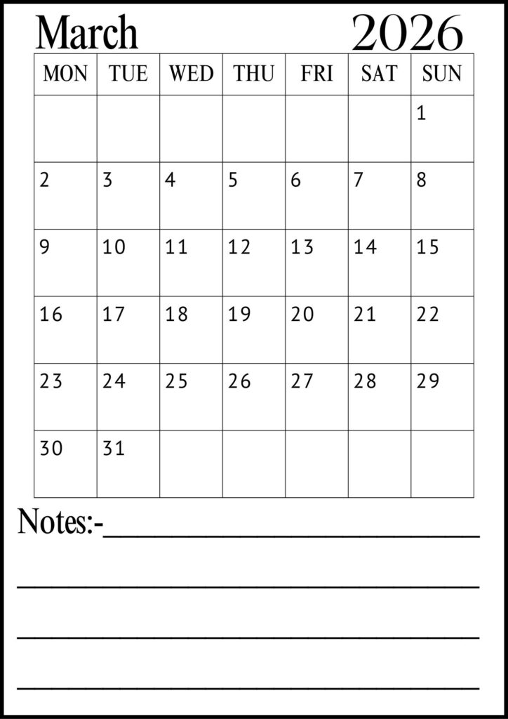 March Calendar with Notes