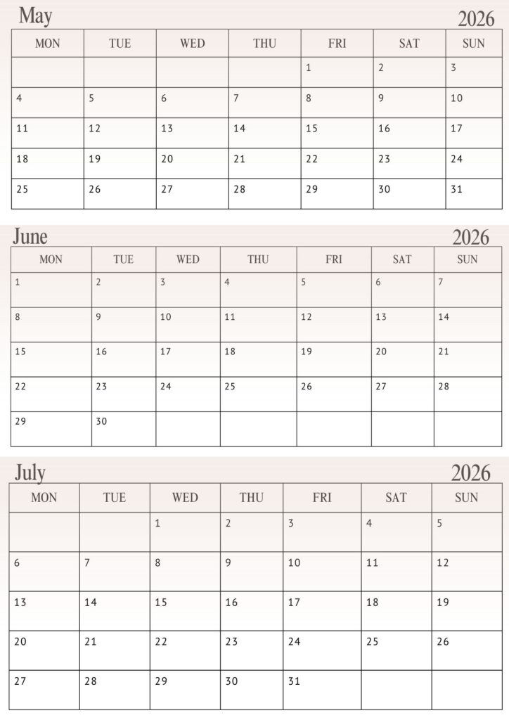 May June July Calendar