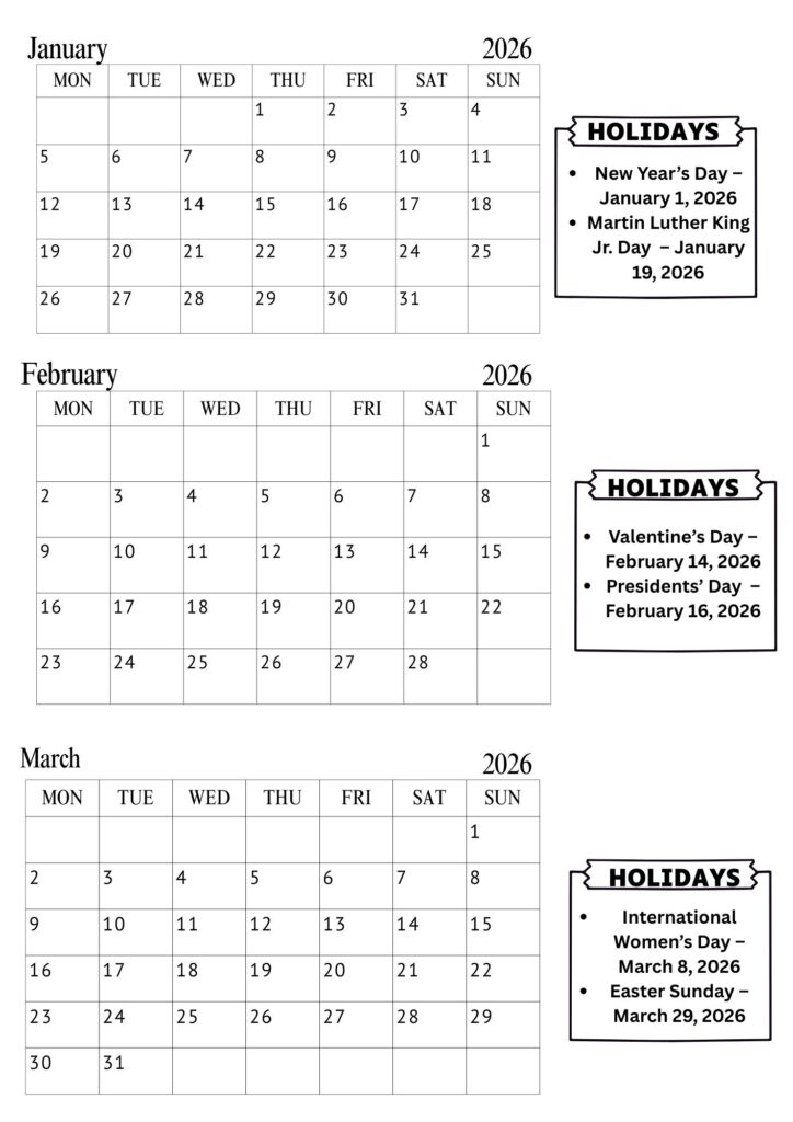 January February March Calendar