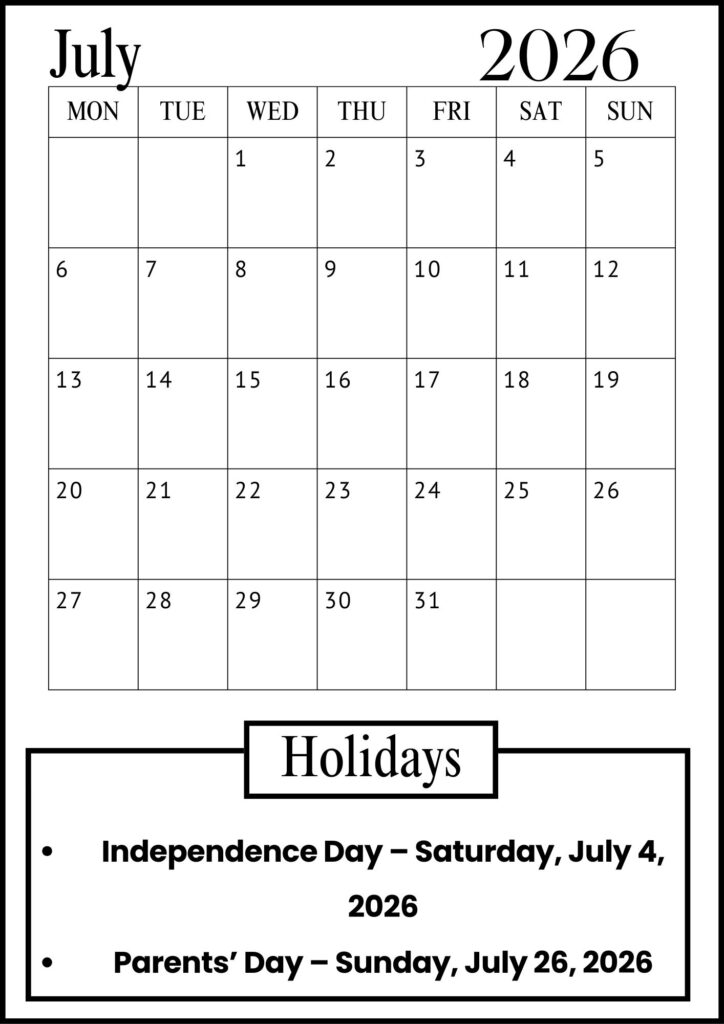 July A4 Calendar