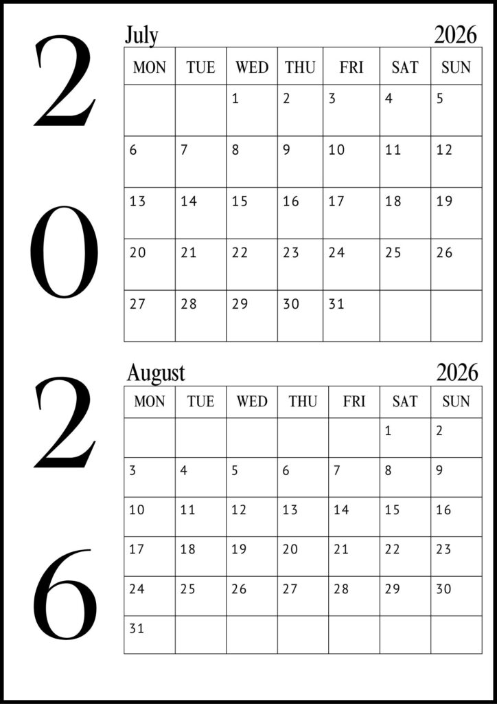 July August Calendar