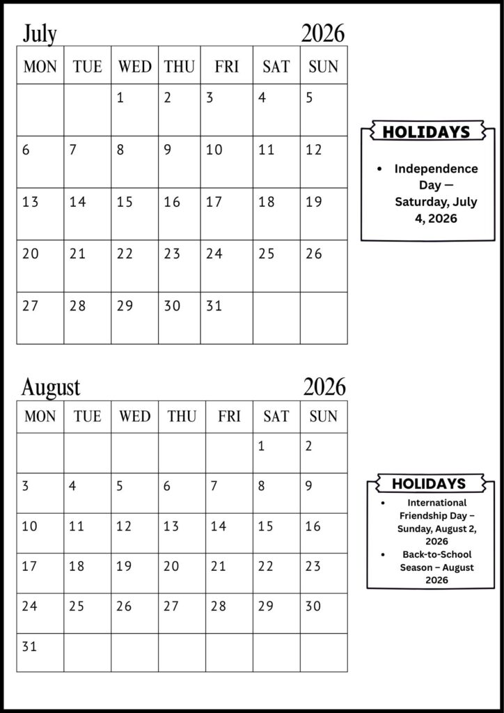 July August Calendar
