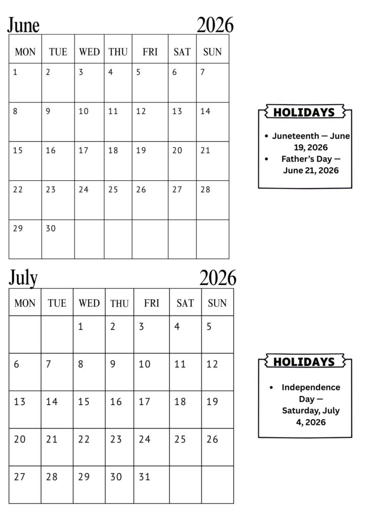 June July Calendar