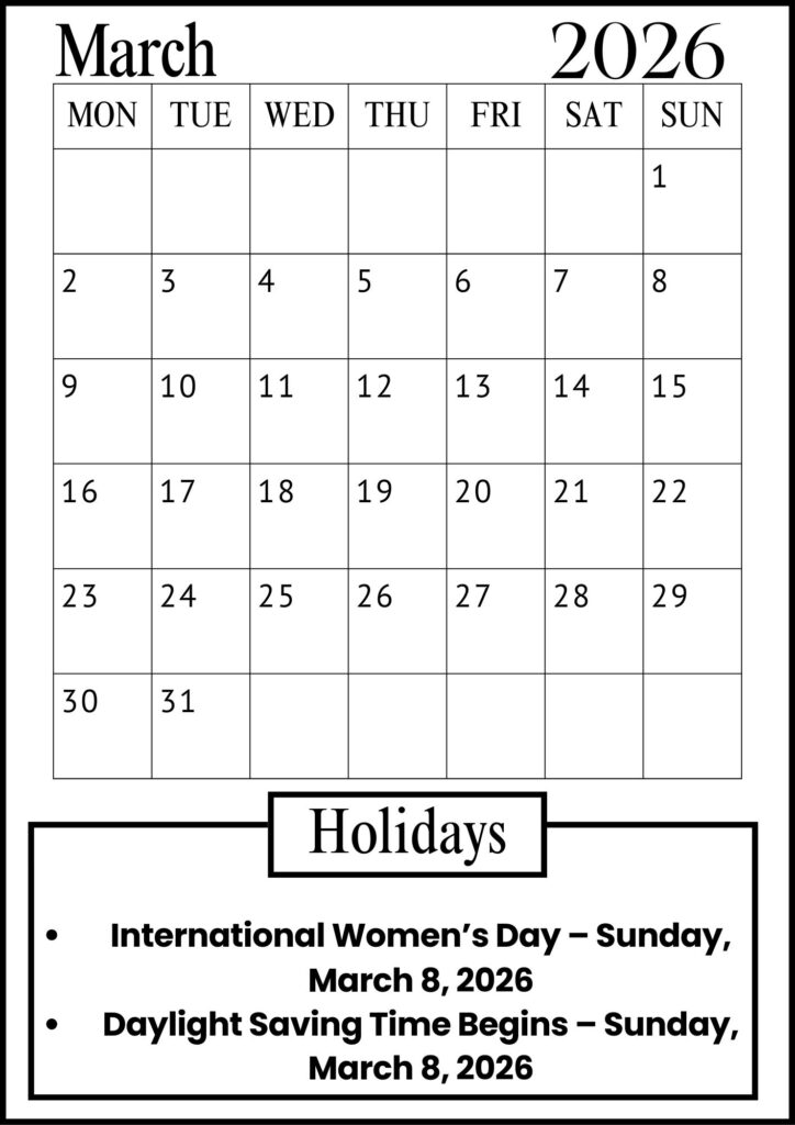 March Calendar with Notes