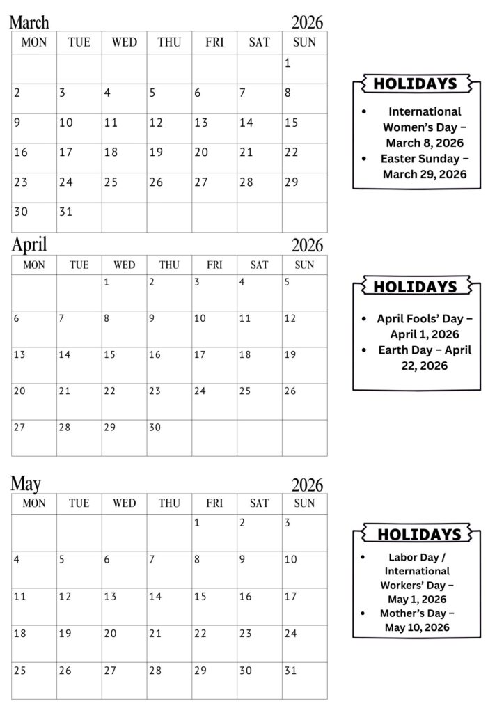 March April May Calendar