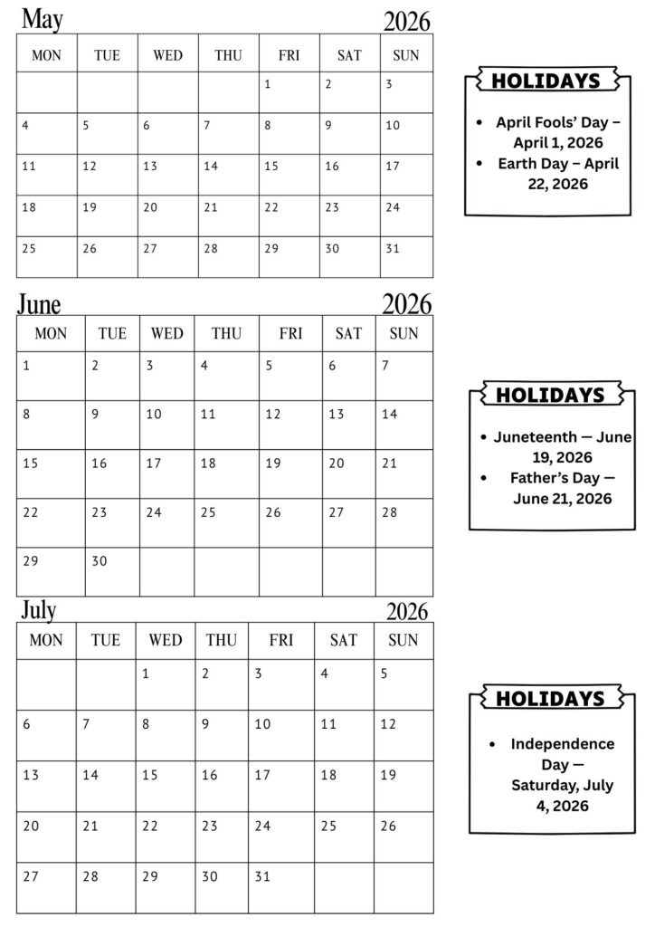 May June July Calendar