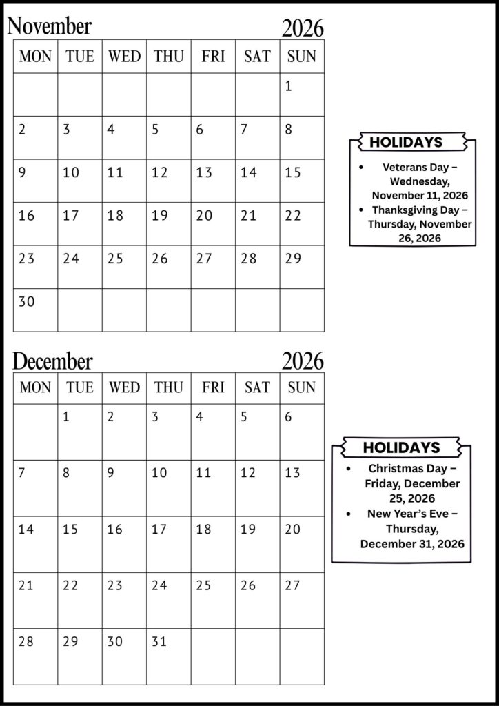 November December Calendar