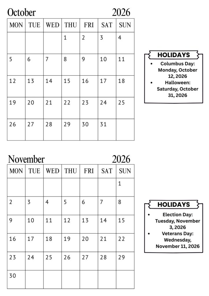 October November Calendar
