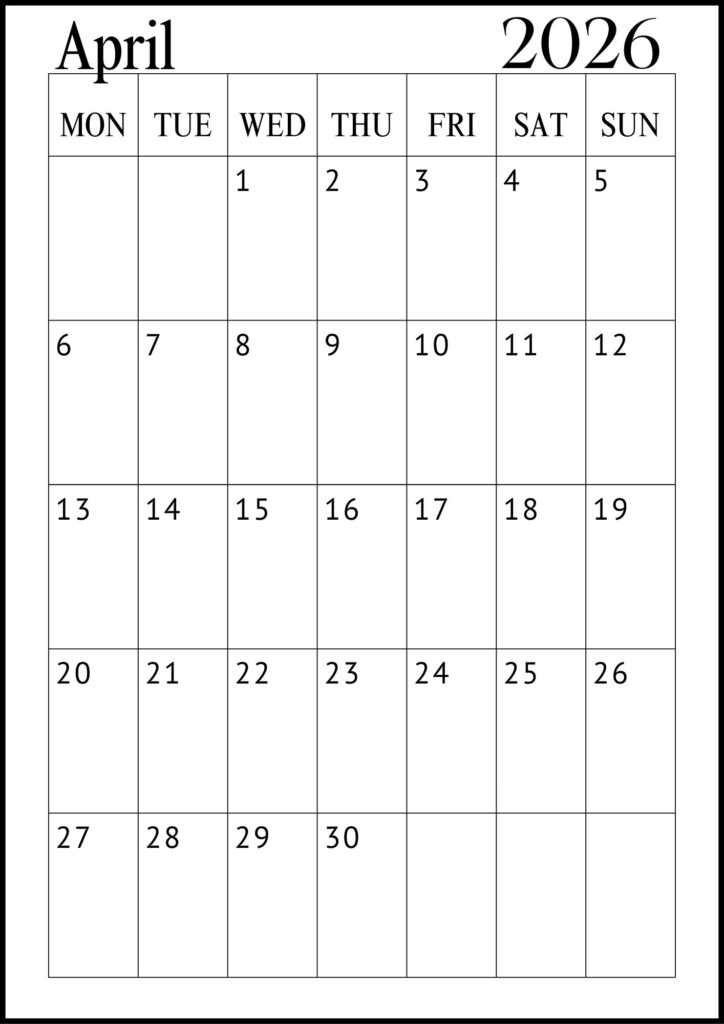 April Calendar with Notes