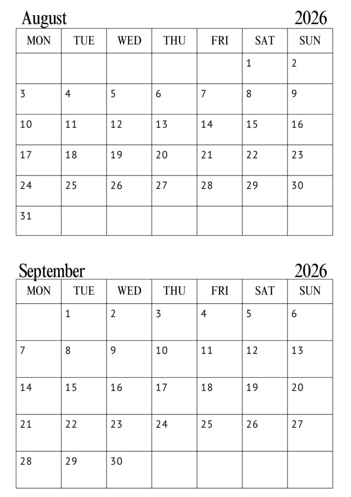 August September Calendar